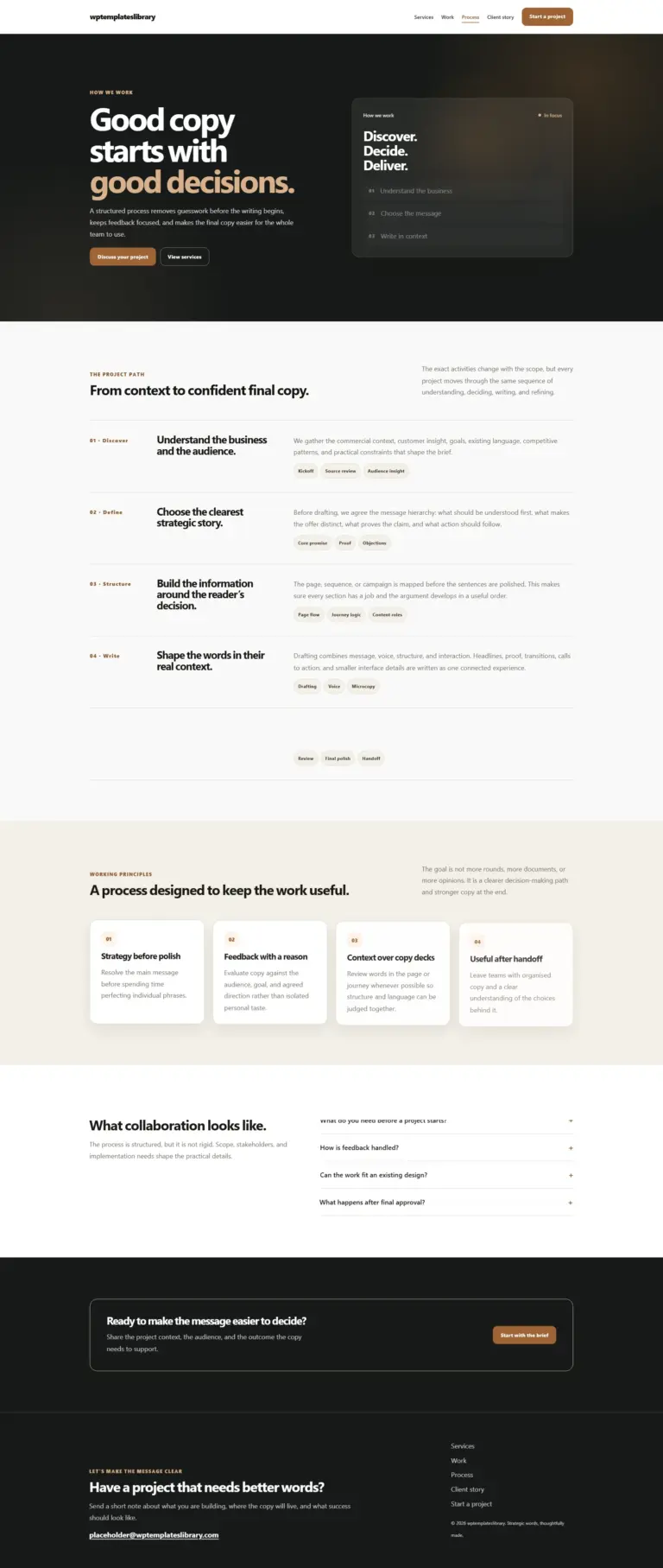 Download a copywriting process page template with project stages, collaboration details, working principles, FAQs, and strong calls to action.
