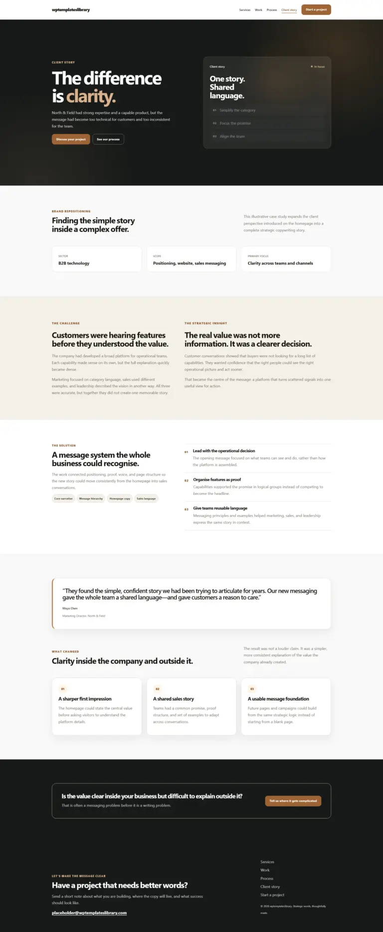 Download a copywriting case study page template for presenting the client challenge, customer insight, messaging strategy, solution, and final outcomes.