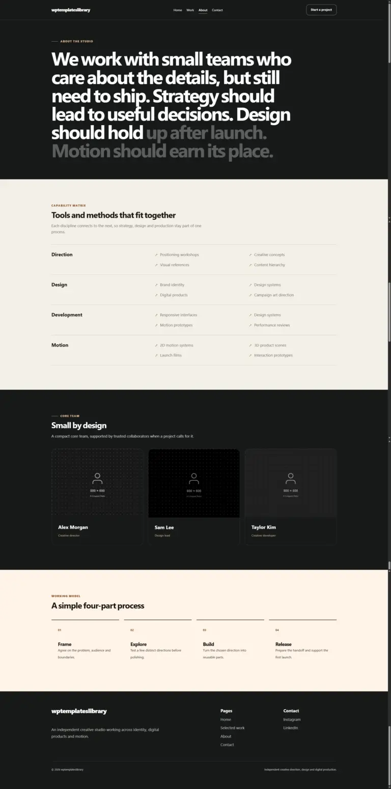 creative studio about page template with a manifesto, capabilities, team profiles and a clear process for working with clients.