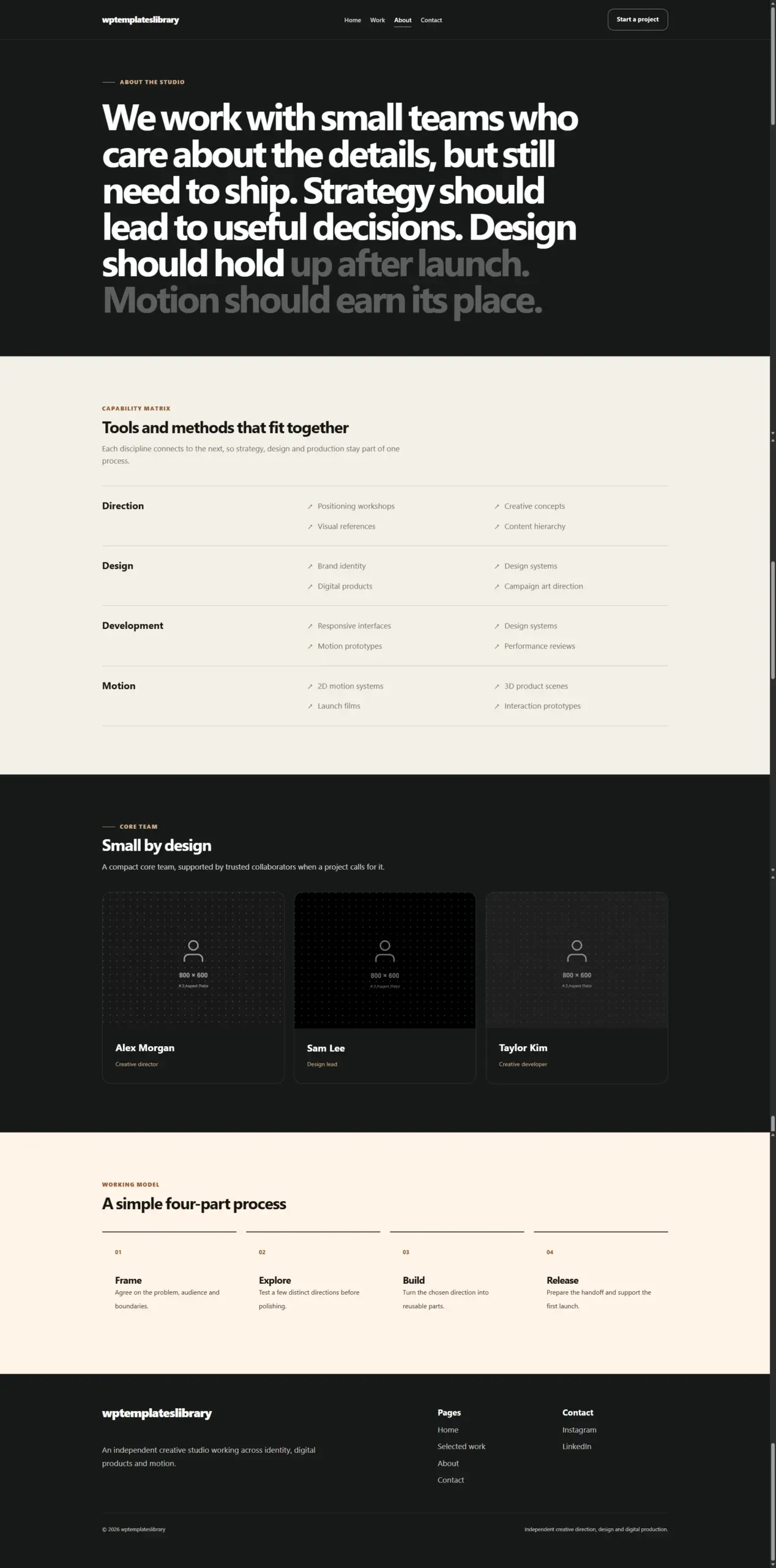 creative studio about page template with a manifesto, capabilities, team profiles and a clear process for working with clients.