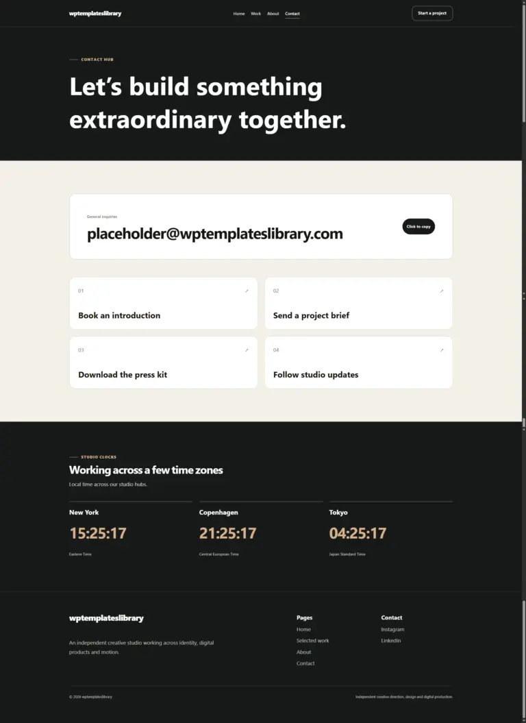 creative studio contact page with click-to-copy email, booking links, inquiry options, social channels and live studio location clocks.