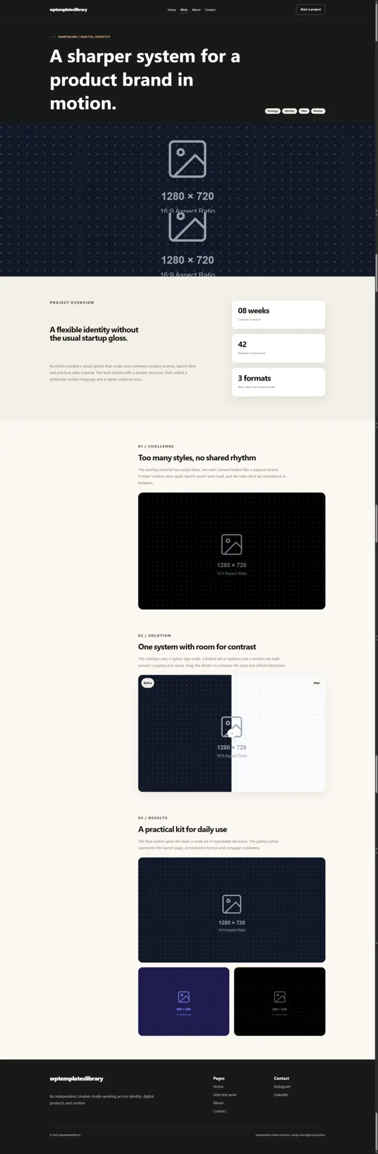 creative studio case study template with project context, challenges, solutions, results, metrics and large visual storytelling sections.