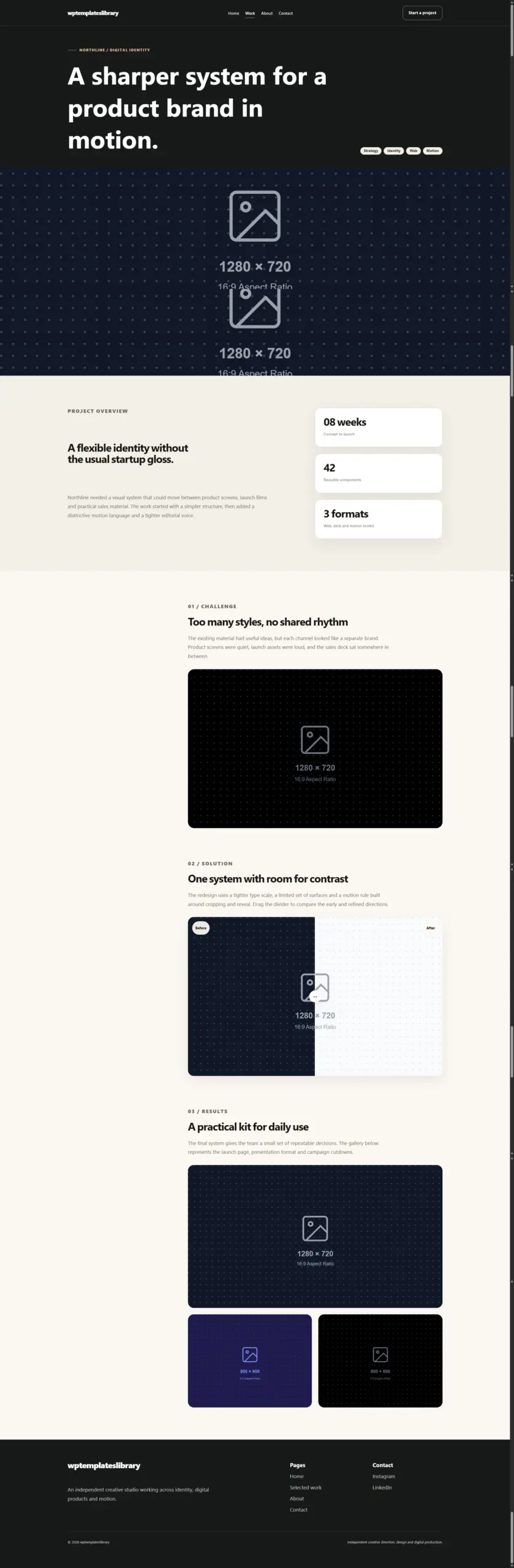 creative studio case study template with project context, challenges, solutions, results, metrics and large visual storytelling sections.