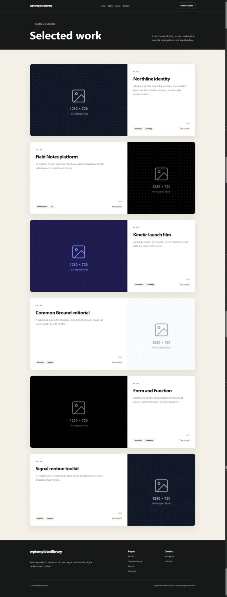 A creative studio portfolio template with large project visuals, service categories, editorial layouts and links to detailed case studies.