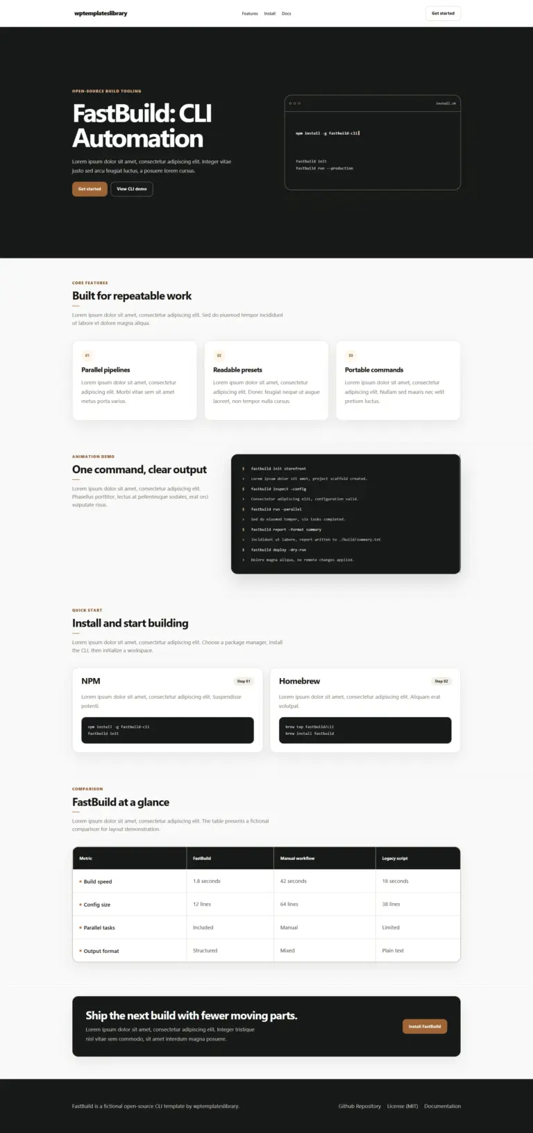 responsive CLI tool homepage template with a terminal hero, feature cards, command demo, installation options, comparison table, and animations.