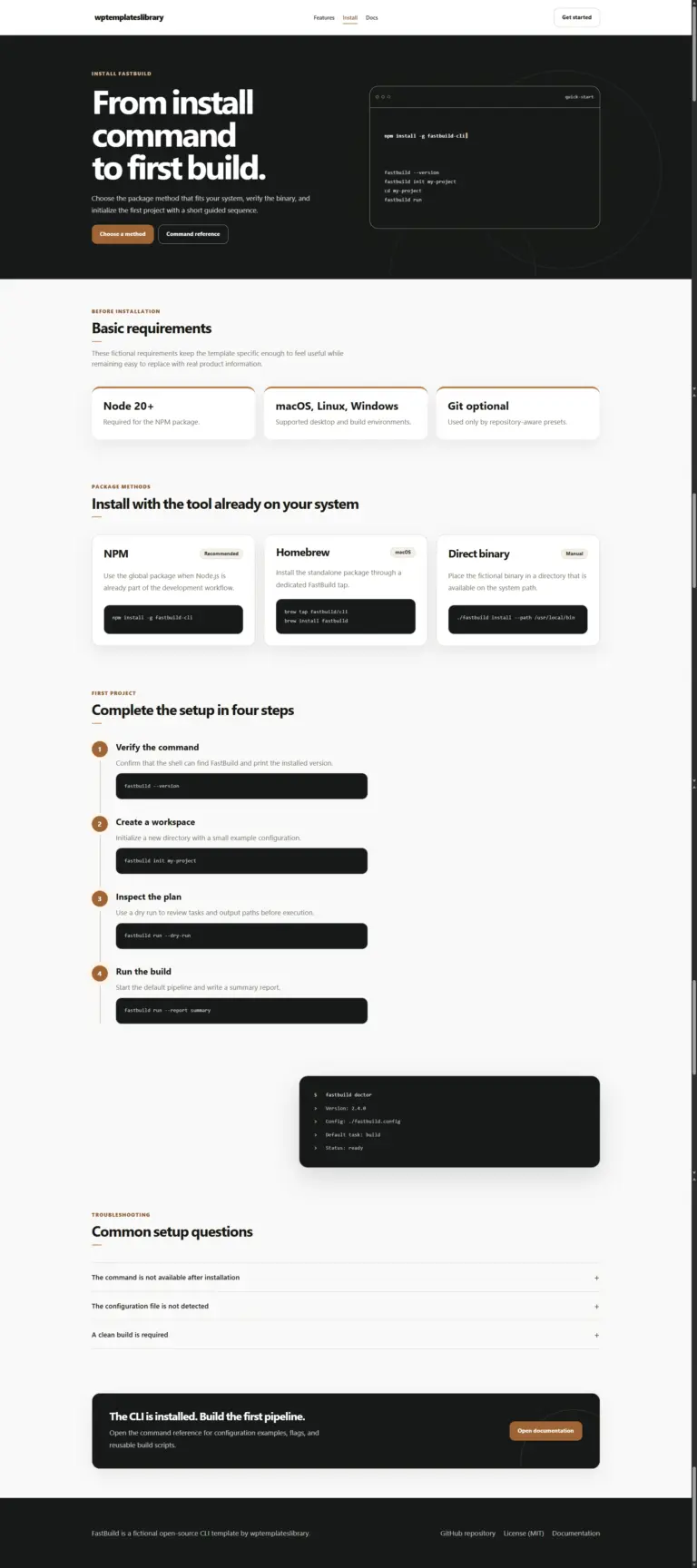 CLI installation page template with requirements, NPM, Homebrew, direct binary options, setup steps, code examples, and responsive navigation.