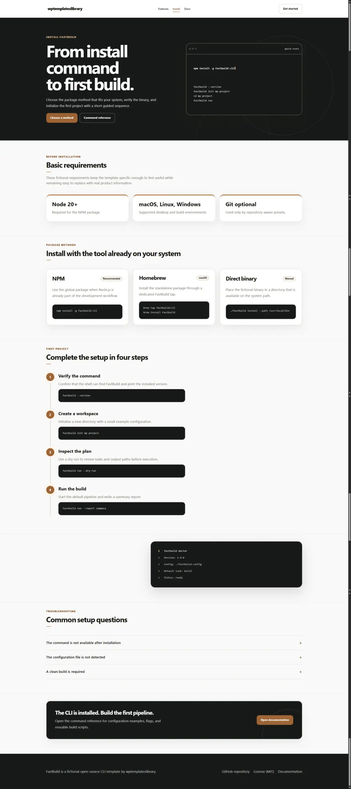 CLI installation page template with requirements, NPM, Homebrew, direct binary options, setup steps, code examples, and responsive navigation.