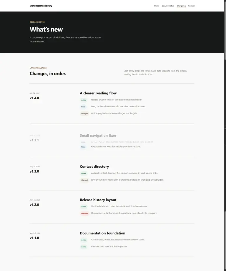 A kinetic documentation changelog page with version dates, structured release labels and subtle scroll reveal animations.