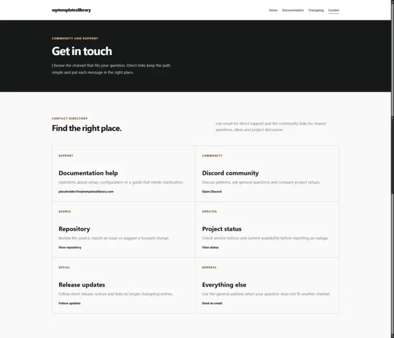 A kinetic documentation contact page with direct support email, repository, status, community and social links in a responsive directory.