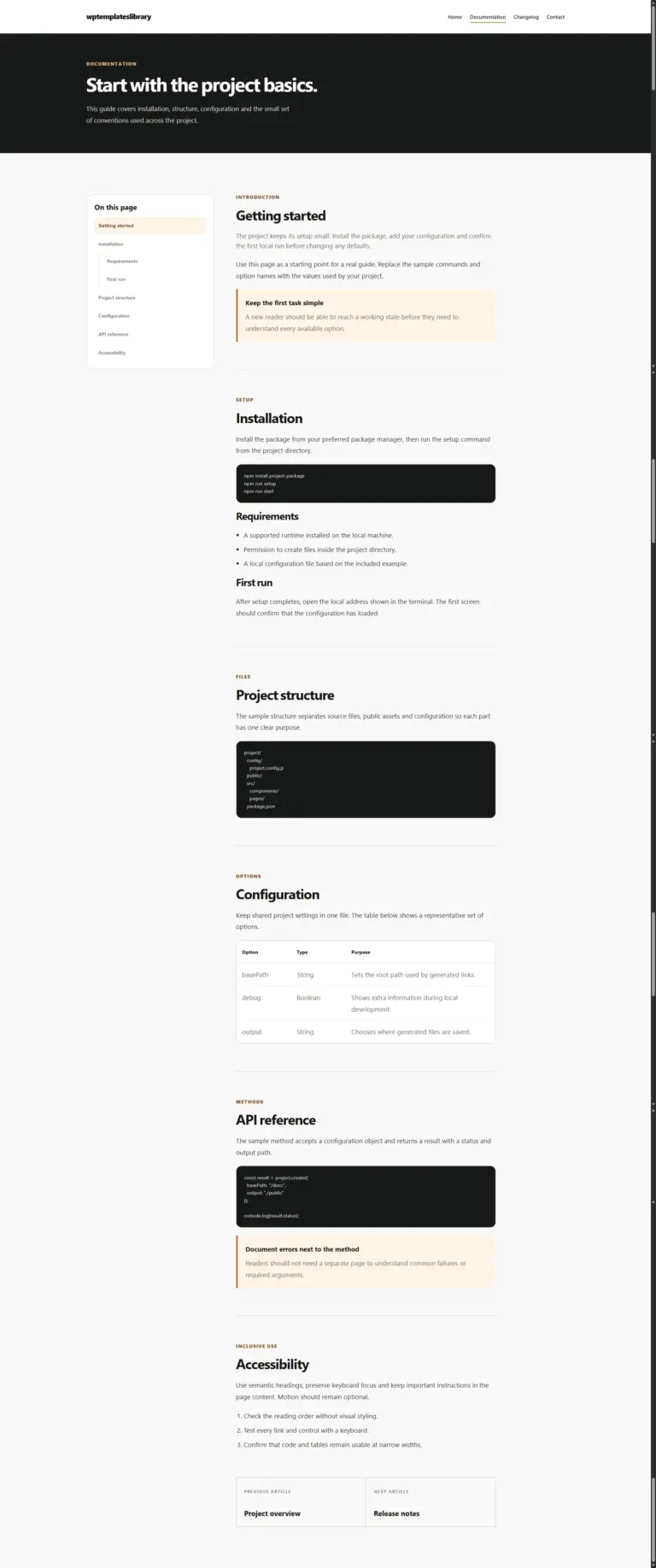 A responsive kinetic documentation guide with sticky navigation, active chapter states, code blocks, tables, notes and article pagination.
