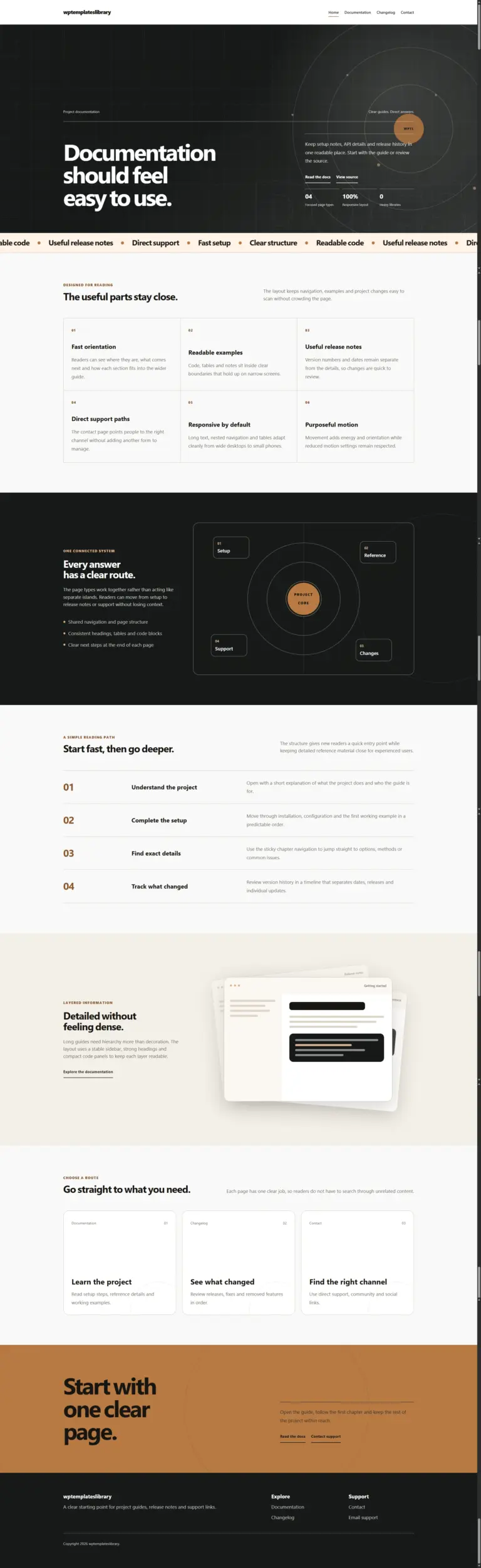 A kinetic documentation homepage with oversized typography, smooth animation, feature sections and clear links to guides, updates and support.