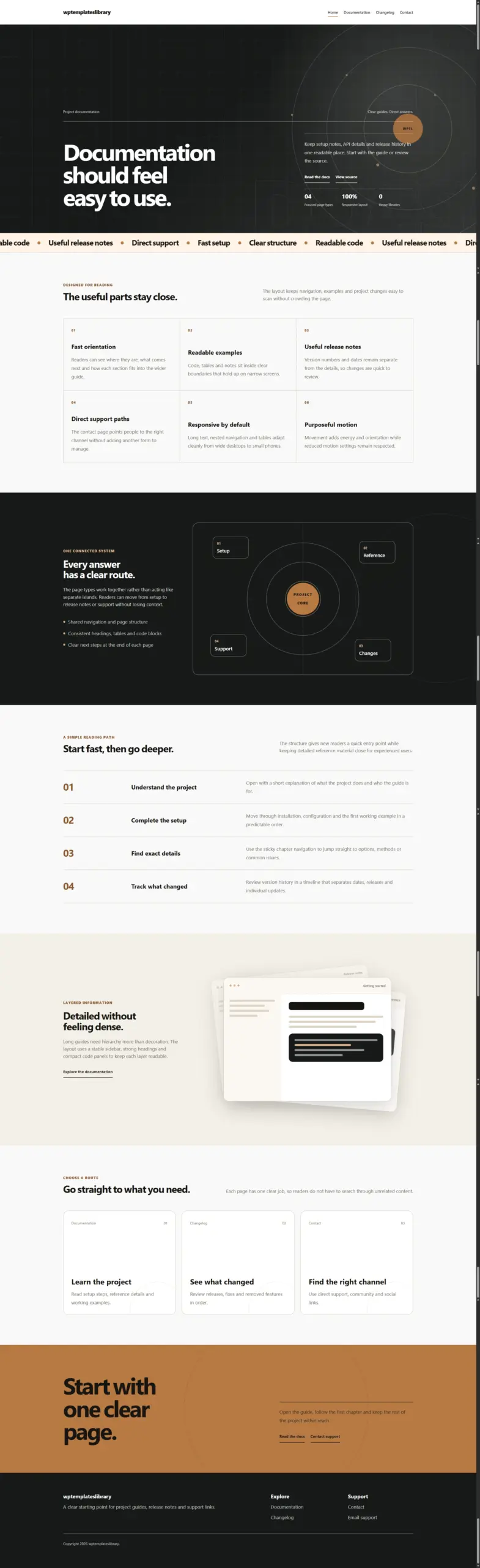 A kinetic documentation homepage with oversized typography, smooth animation, feature sections and clear links to guides, updates and support.